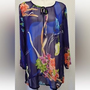 🔷Soft Surroundings Semi Sheer Blue Tropical Chiffon Long Sleeve Tunic. Large